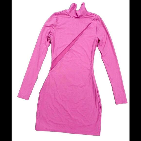 SER.O.YA Sample Sale Pink Mini Dress Mesh Cut Out Long Sleeve Turtleneck Small - Picture 1 of 5